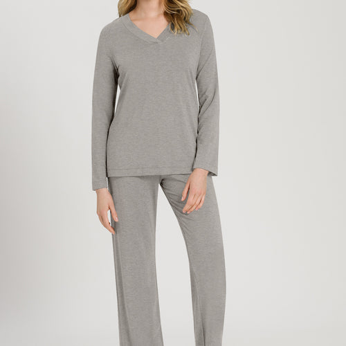 Champagne Flat Trim V-Neck Pajama Set | Grey Melange 76704-958