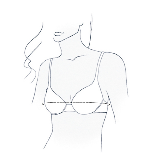Drawing of women wearing a bra highlighting bust measurements.