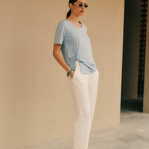 Natural Shirt Cotton Scoop Neck Top With Knot Detail | Sea Breeze 78402-2622