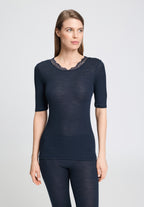 Woolen Lace Wool and Silk Crew Neck Top | Deep Navy 70767-1610