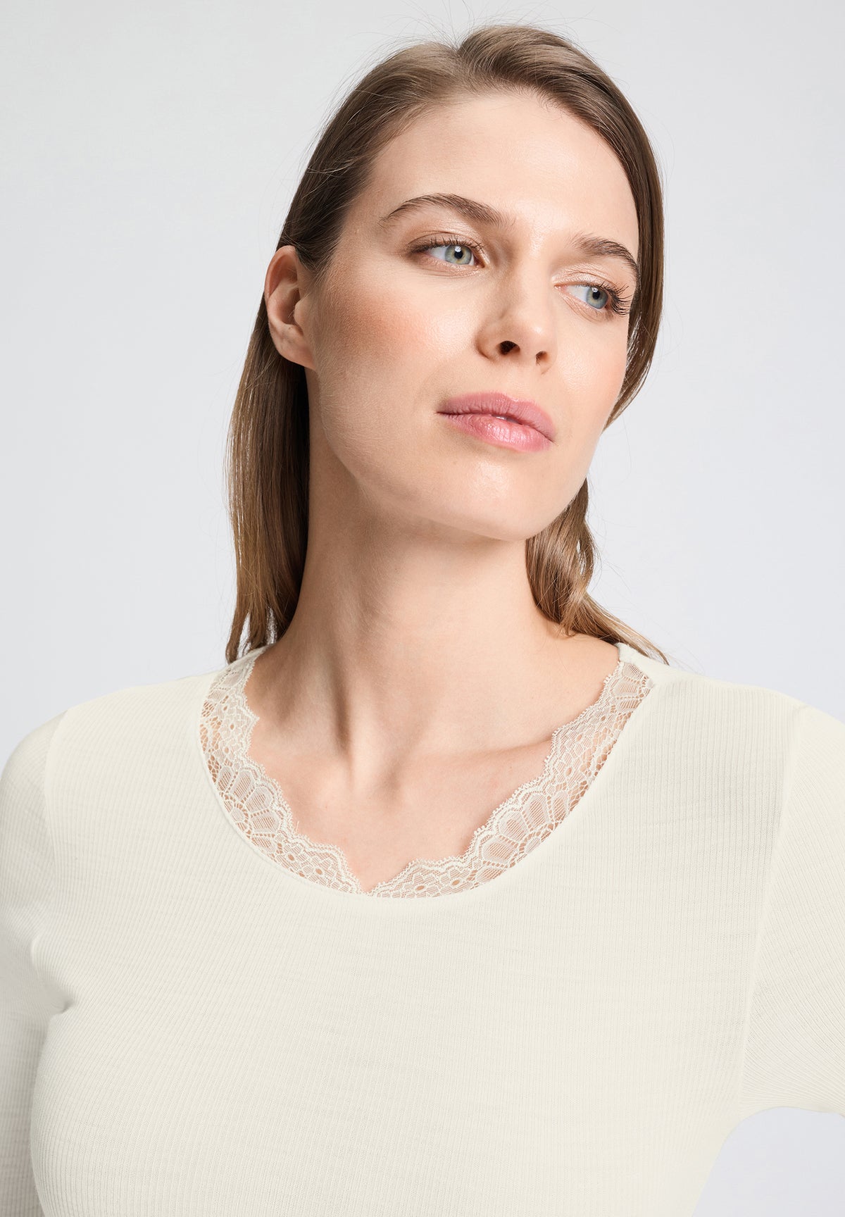 Woolen Lace Wool and Silk Crew Neck Top | Misty White 70767-2123