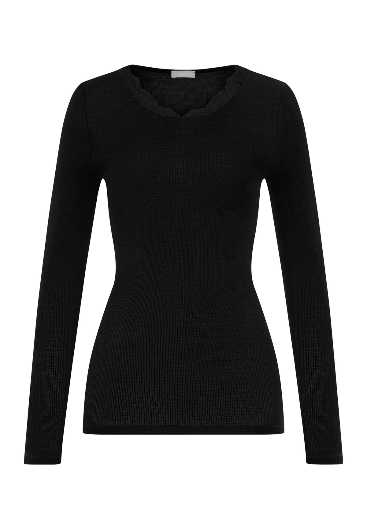 Woolen Lace Lace Trim Wool and Silk Crew Neck Top | Black 70768-019