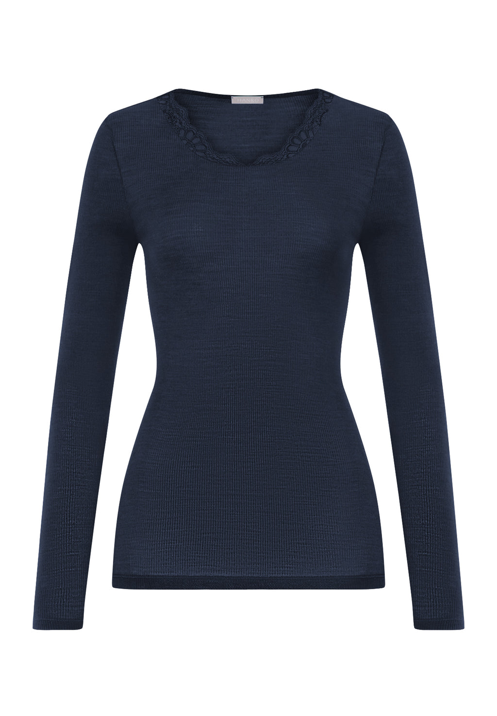 Woolen Lace Lace Trim Wool and Silk Crew Neck Top | Deep Navy 70768-1610