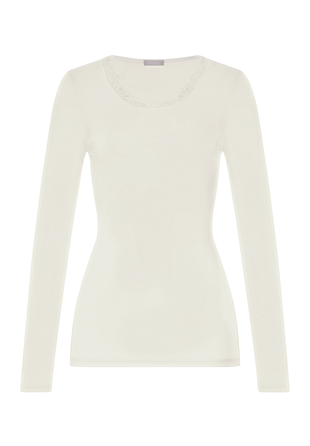Woolen Lace Lace Trim Wool and Silk Crew Neck Top | Misty White 70768-2123