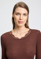 Woolen Lace Lace Trim Wool and Silk Crew Neck Top | Cinnamon 70768-2790