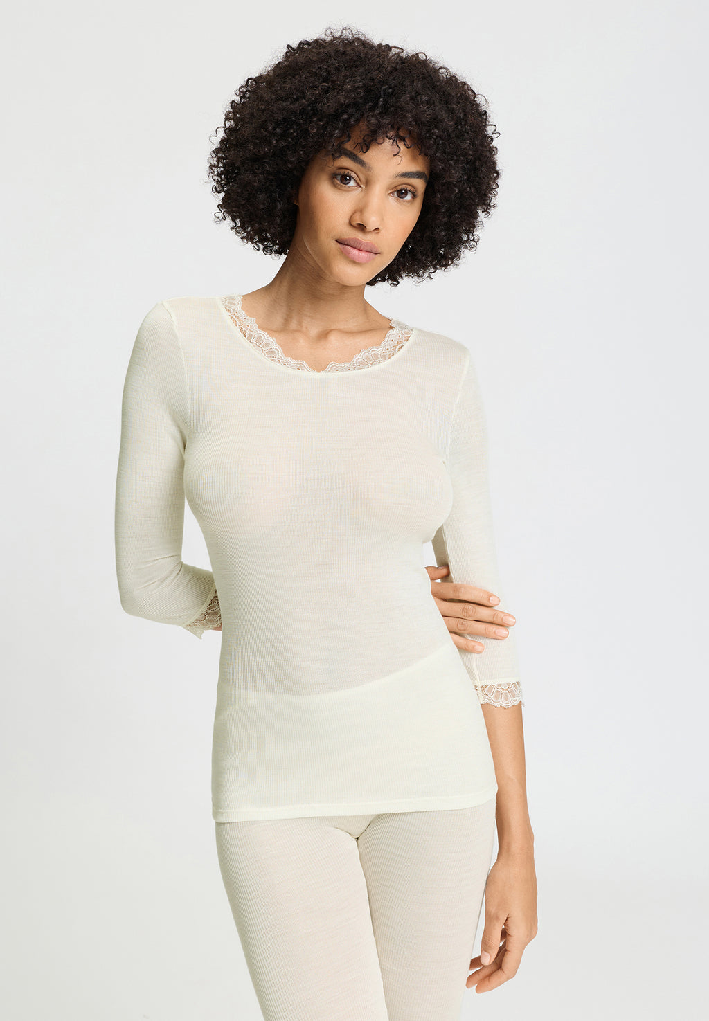 Woolen Lace 3/4 Slv Shirt | Misty White 70769-2123