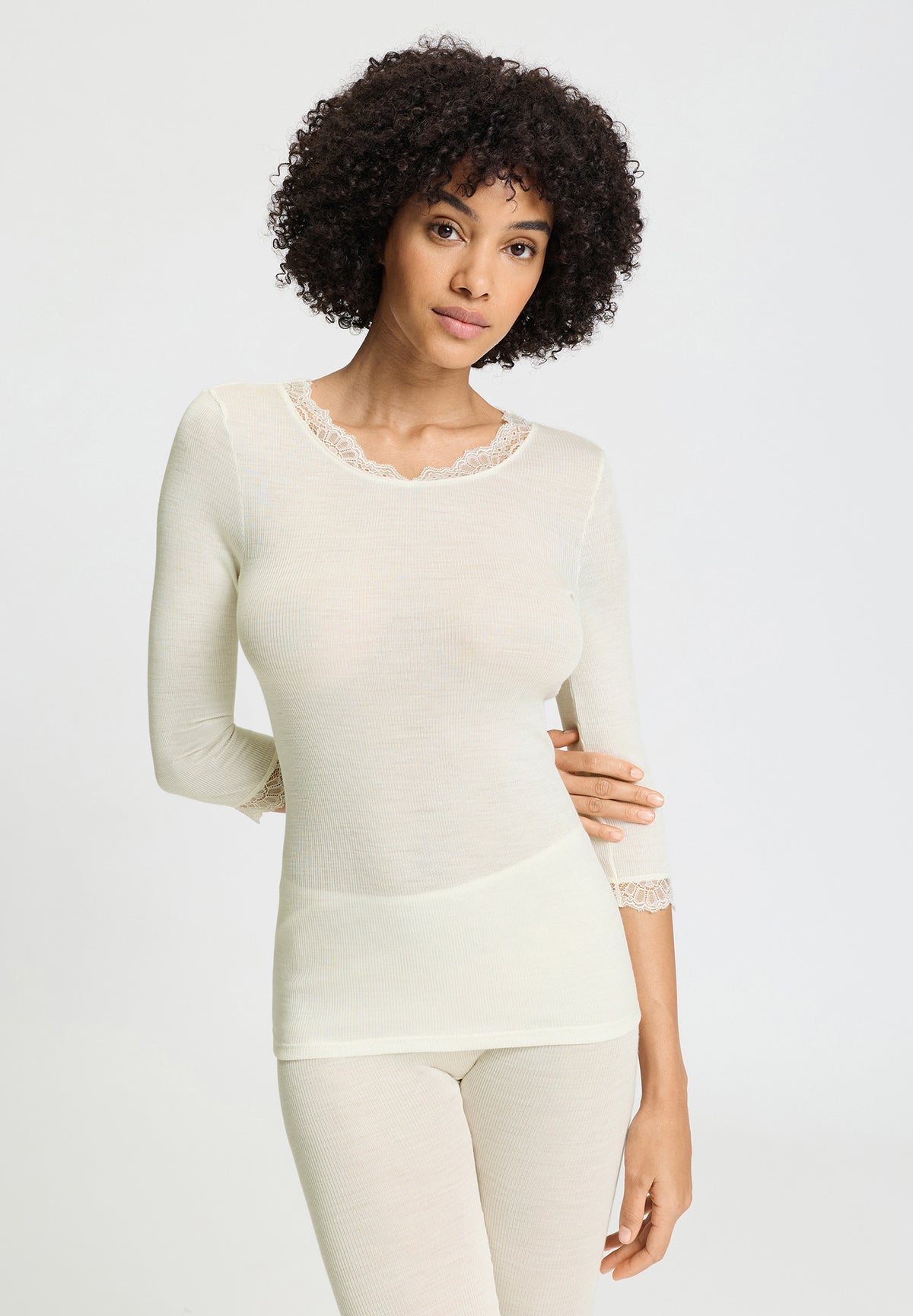 Woolen Lace 3/4 Slv Shirt | Misty White 70769-2123