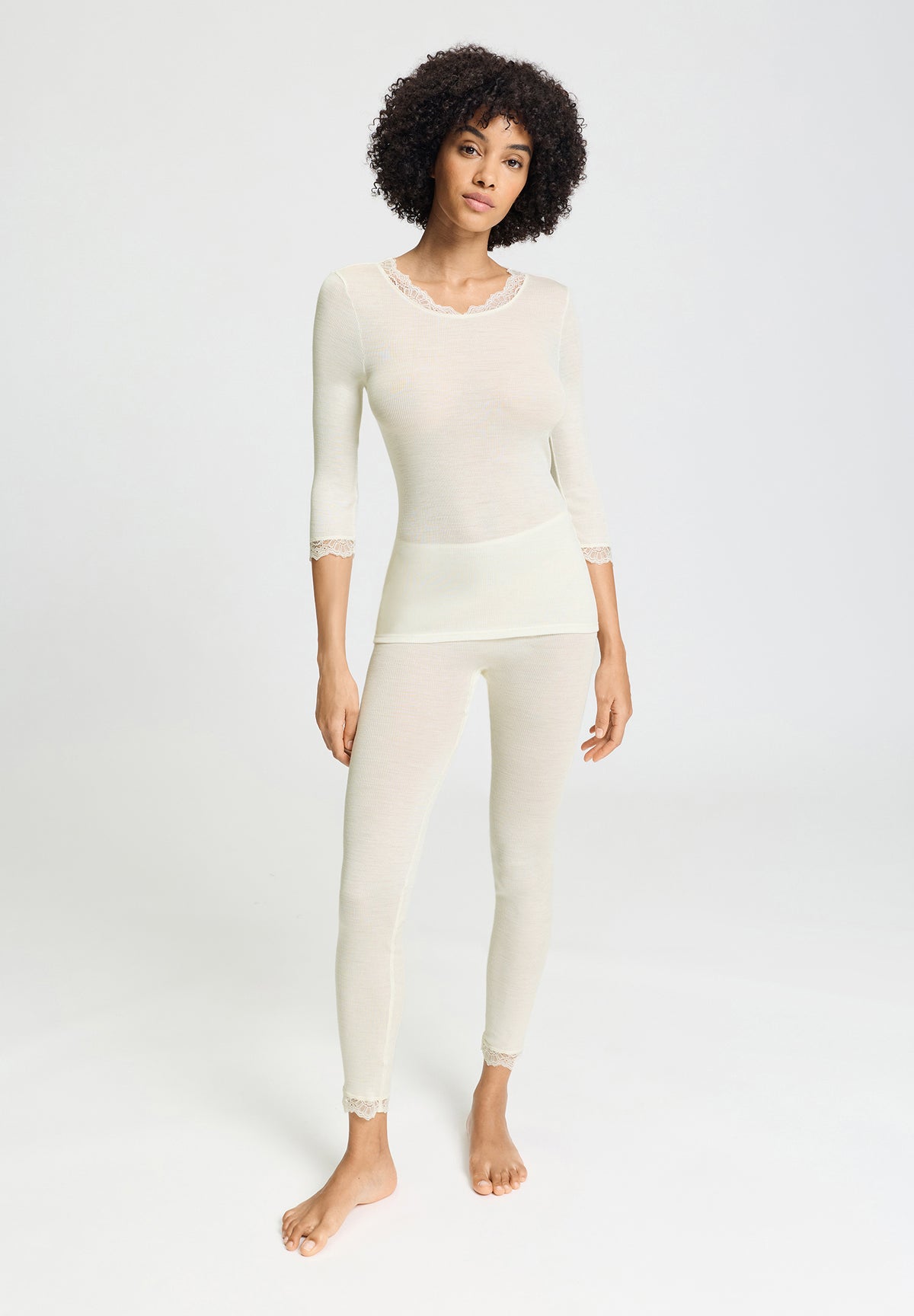 Woolen Lace 3/4 Slv Shirt | Misty White 70769-2123