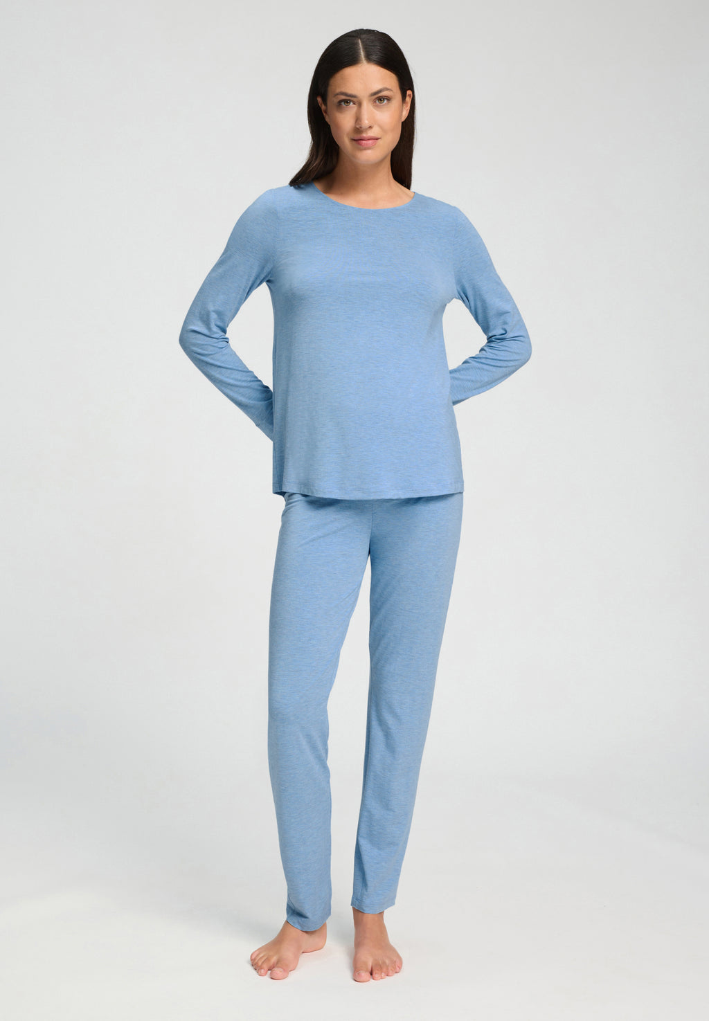 Natural Elegance Round Neck Long Pajama Set | Bluebird Melange 74951-3160
