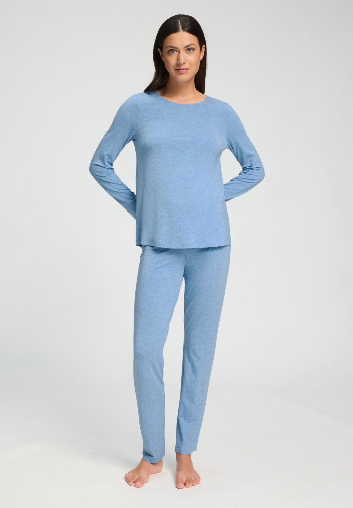 Natural Elegance Round Neck Long Pajama Set | Bluebird Melange 74951-3160