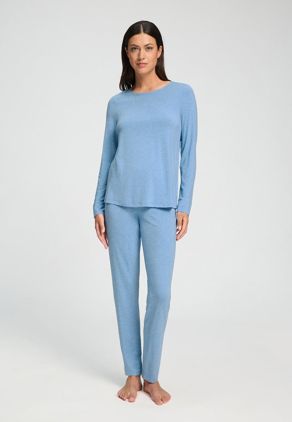 Natural Elegance Round Neck Long Pajama Set | Bluebird Melange 74951-3160