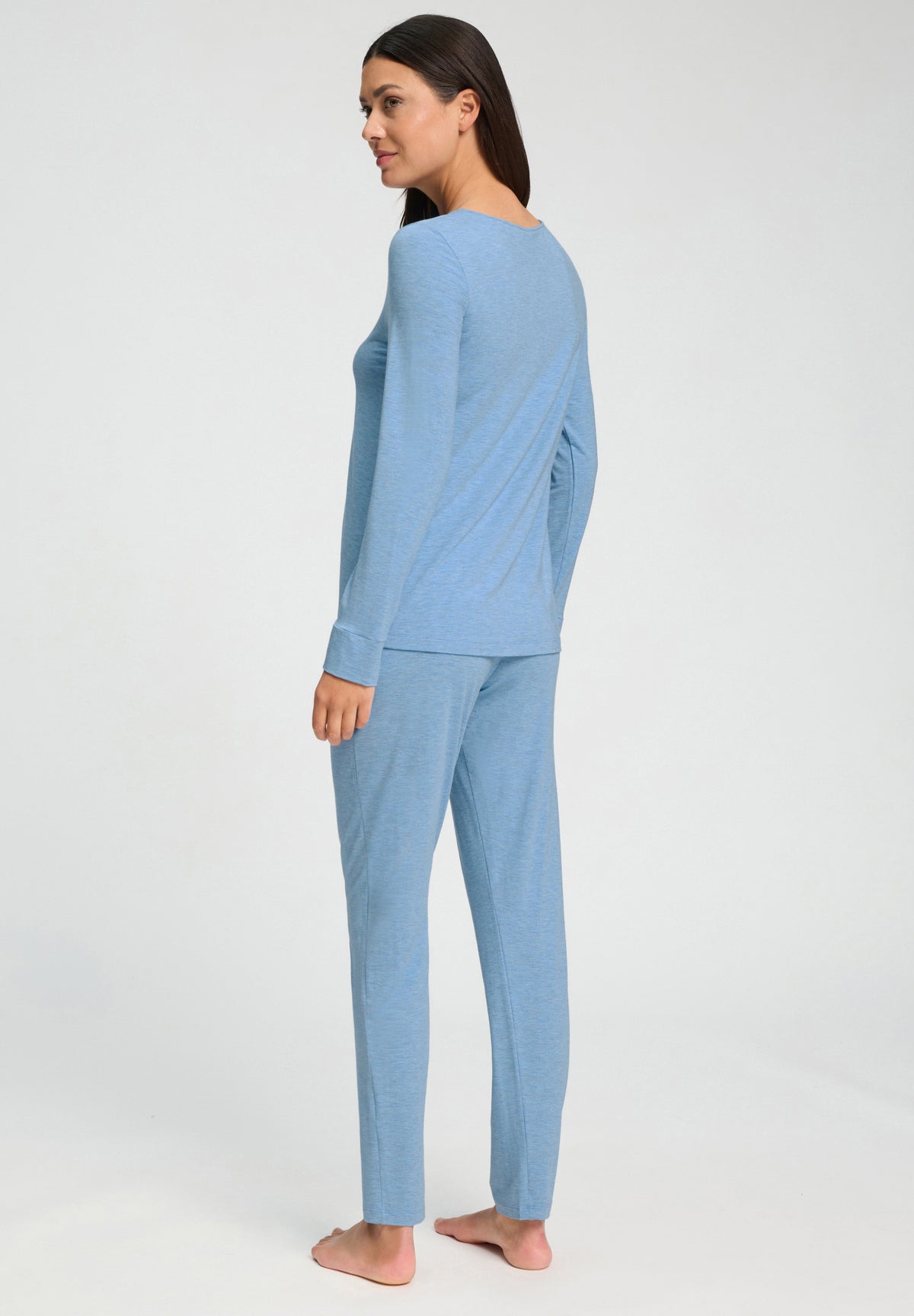 Natural Elegance Round Neck Long Pajama Set | Bluebird Melange 74951-3160