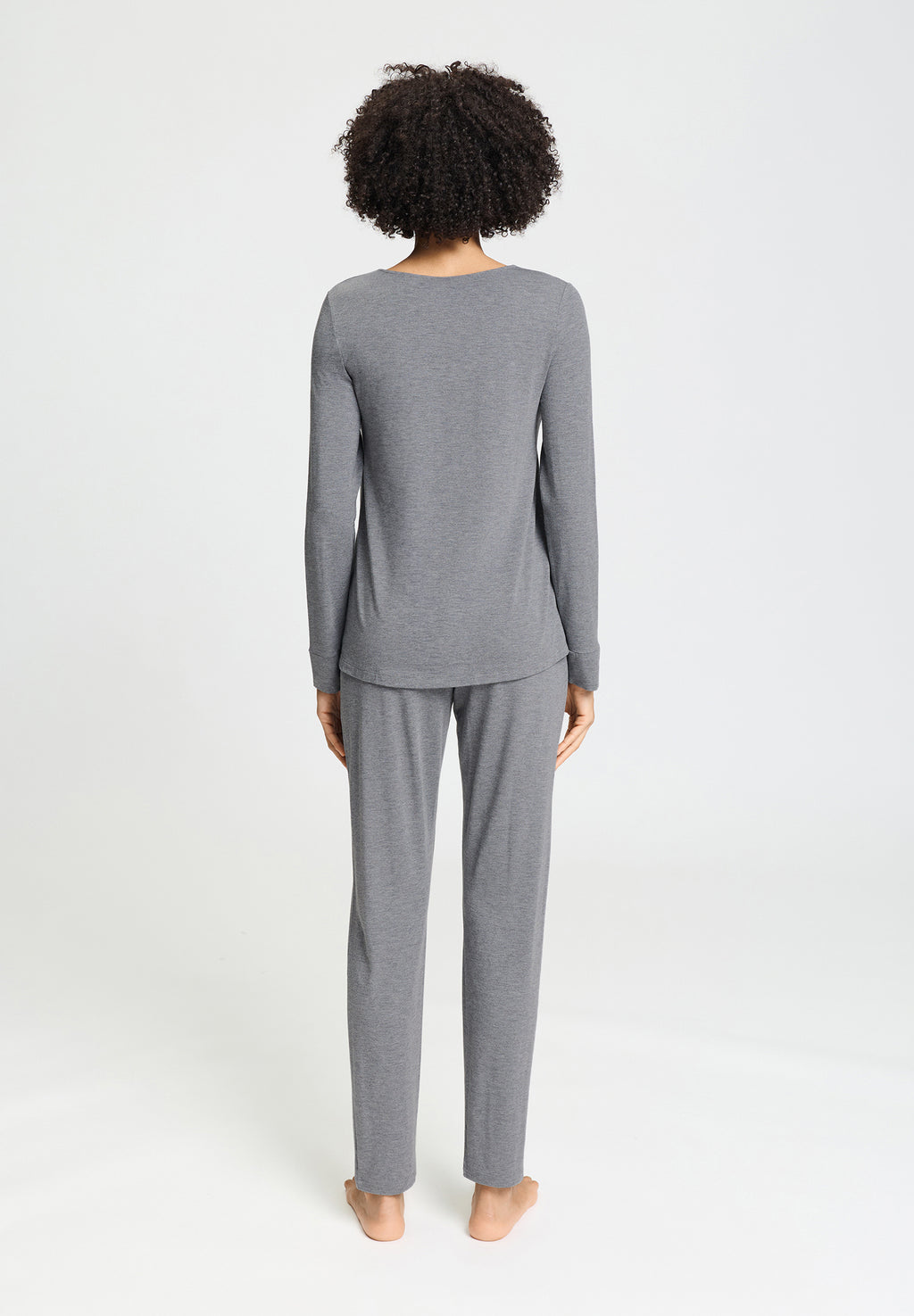 Natural Elegance Round Neck Long Pajama Set | Stone Melange 74951-3169