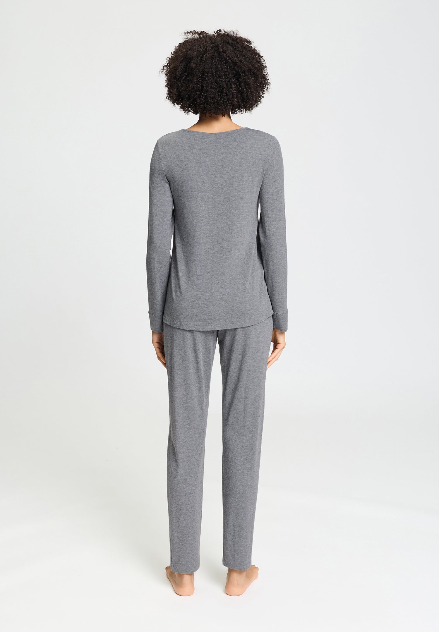 Natural Elegance Round Neck Long Pajama Set | Stone Melange 74951-3169