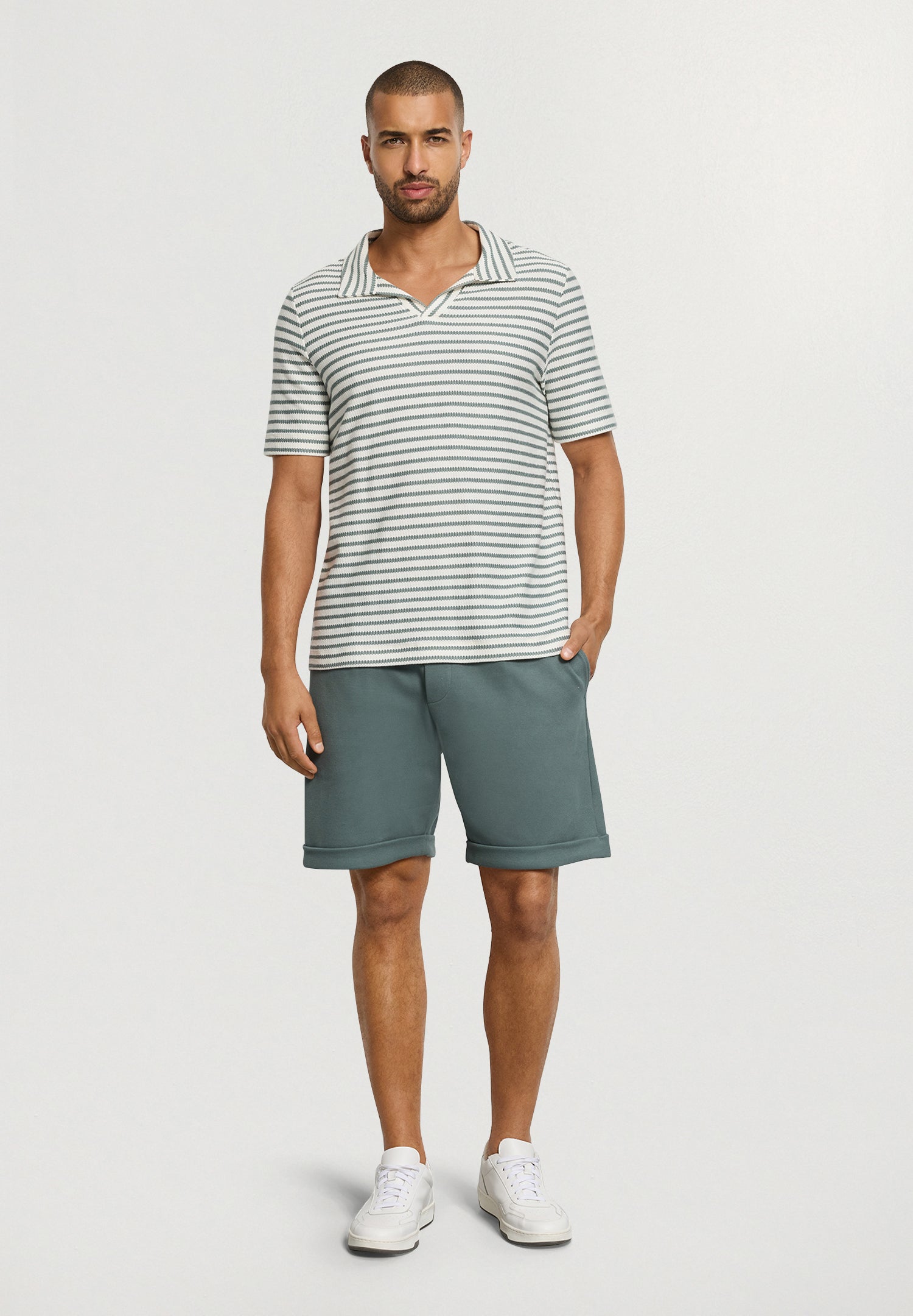 Travelwear S/Slv Shirt V-Neck | Studio Green Stripes 75865-3114