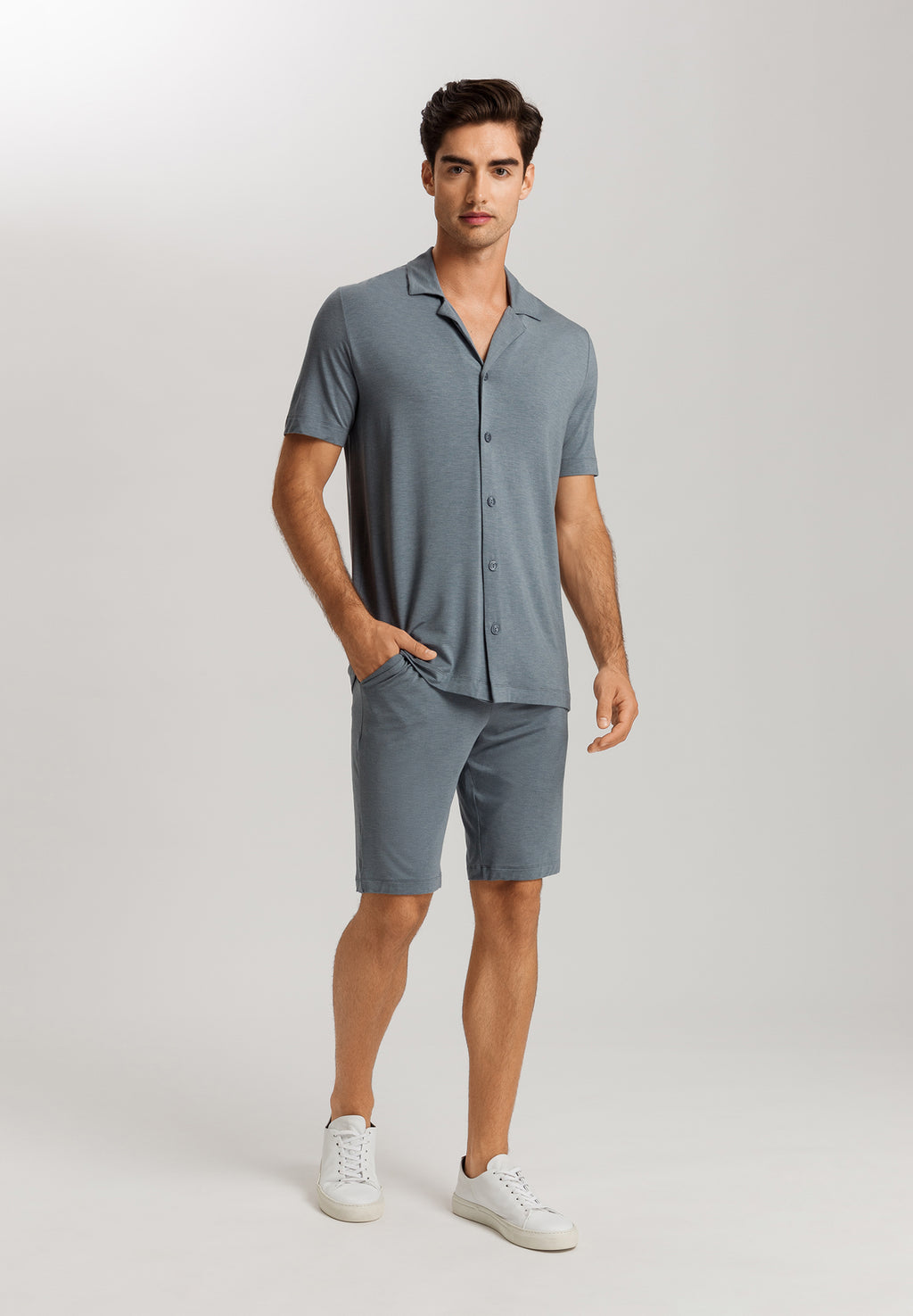 Casuals Notch Collar Button Front Shirt | Ocean Melange 75992-3020