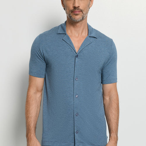 Casuals Notch Collar Button Front Shirt | Retro Blue Melange 75992-3082