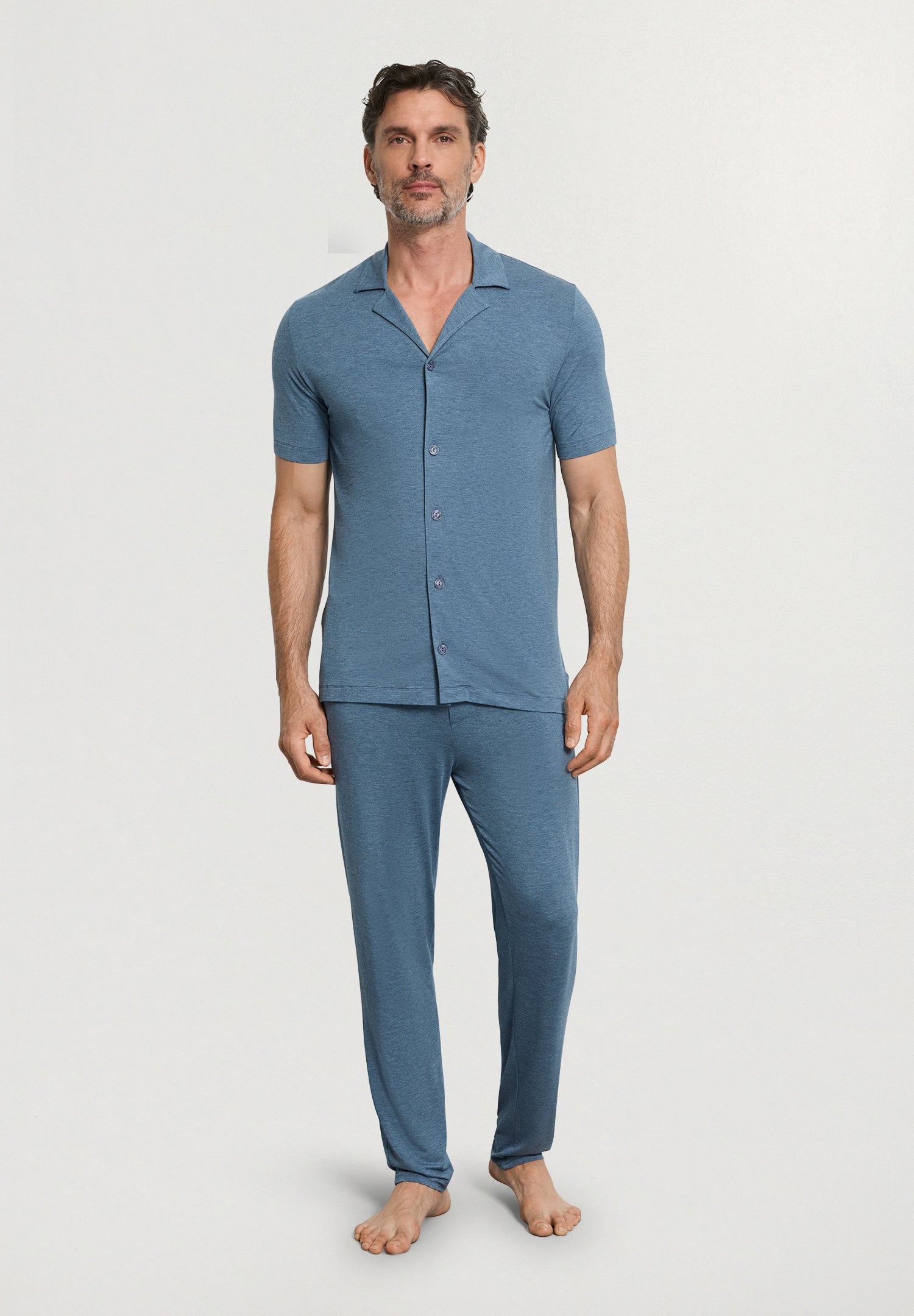 Casuals Notch Collar Button Front Shirt | Retro Blue Melange 75992-3082