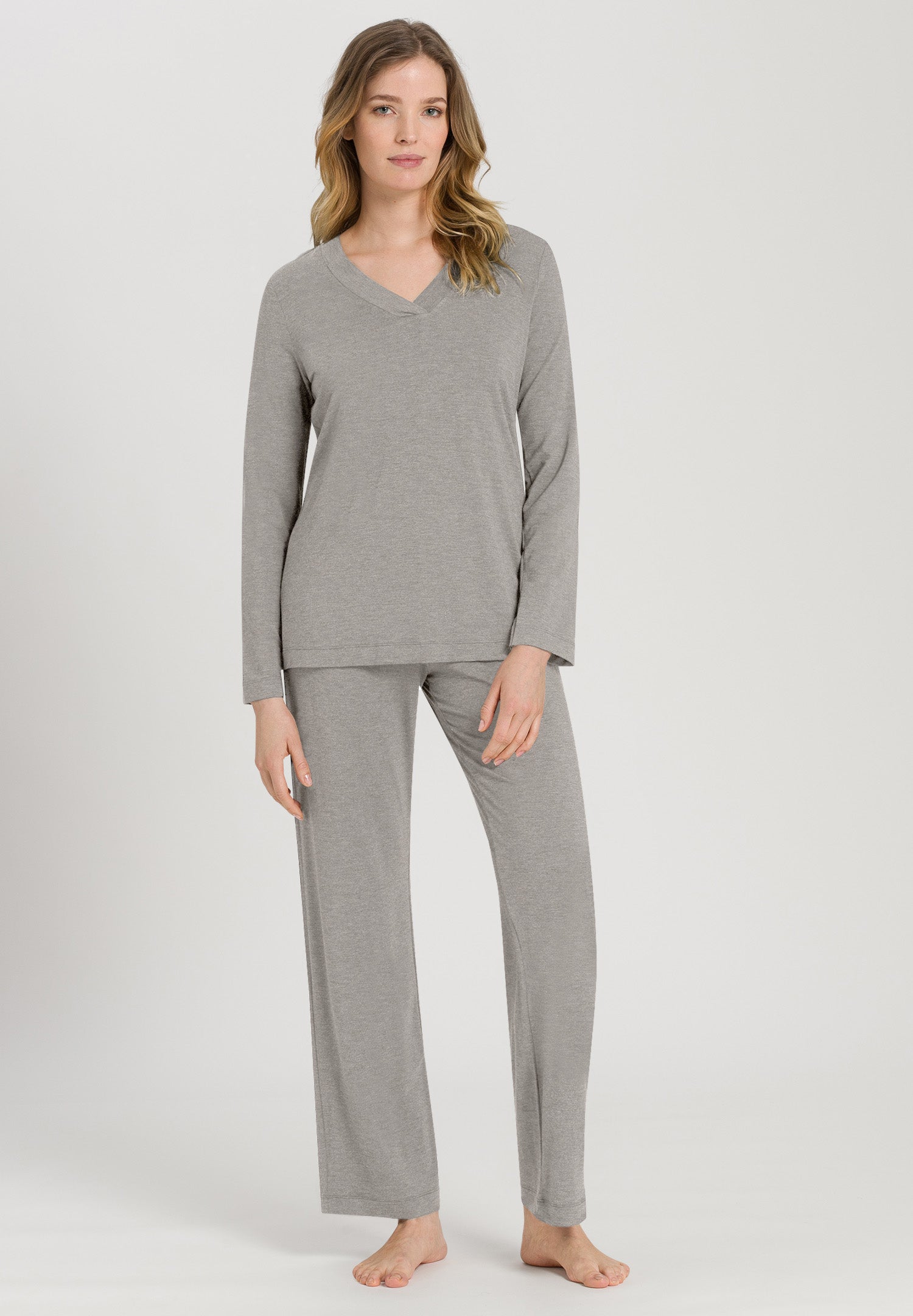 Champagne Flat Trim V-Neck Pajama Set | Grey Melange 76704-958