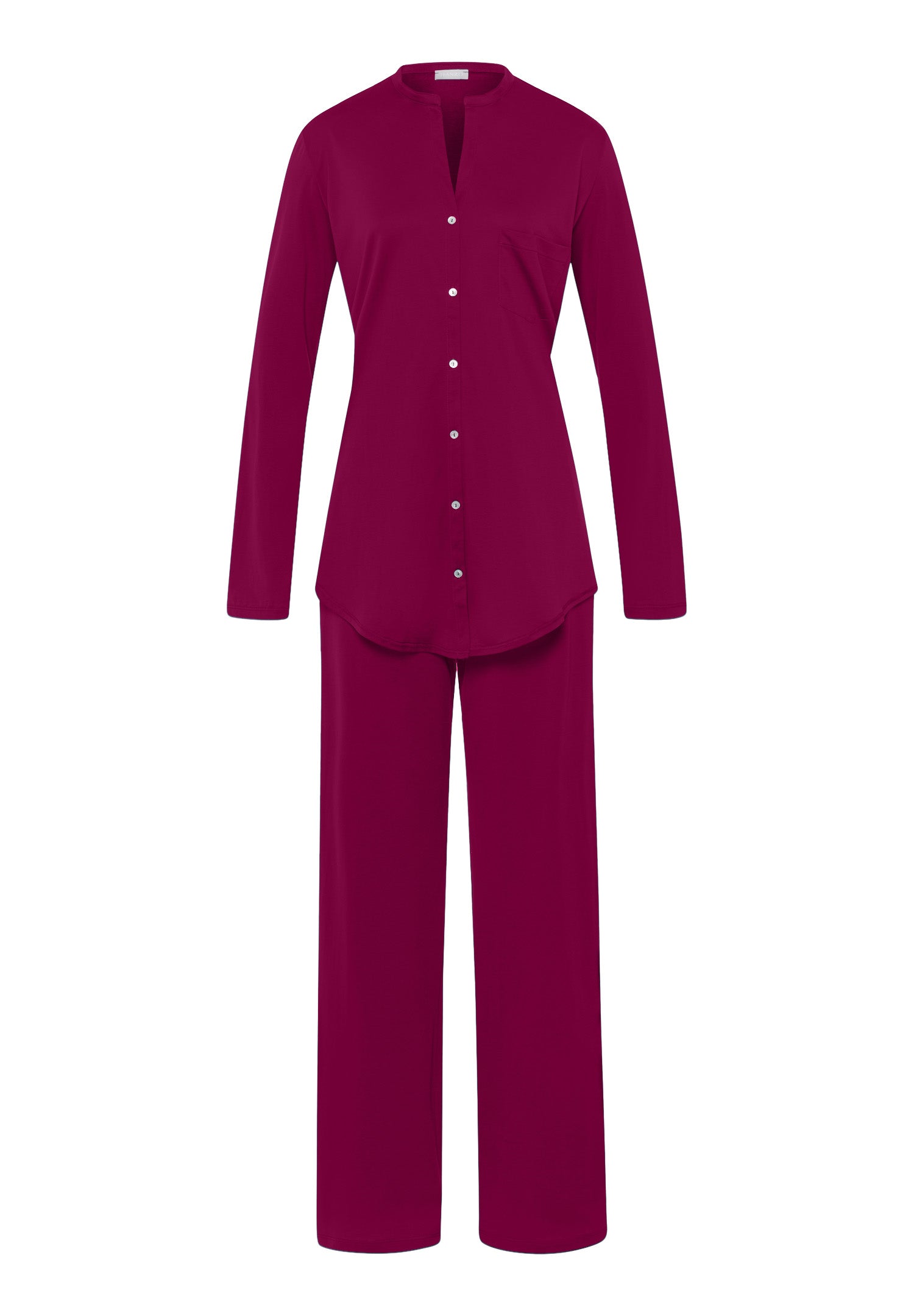 A long sleeve cotton pajama set with a button front and mother-of-pearl buttons, in a deep poppy red color, including a top with a chest pocket and full-length pants with a covered elastic waistband.