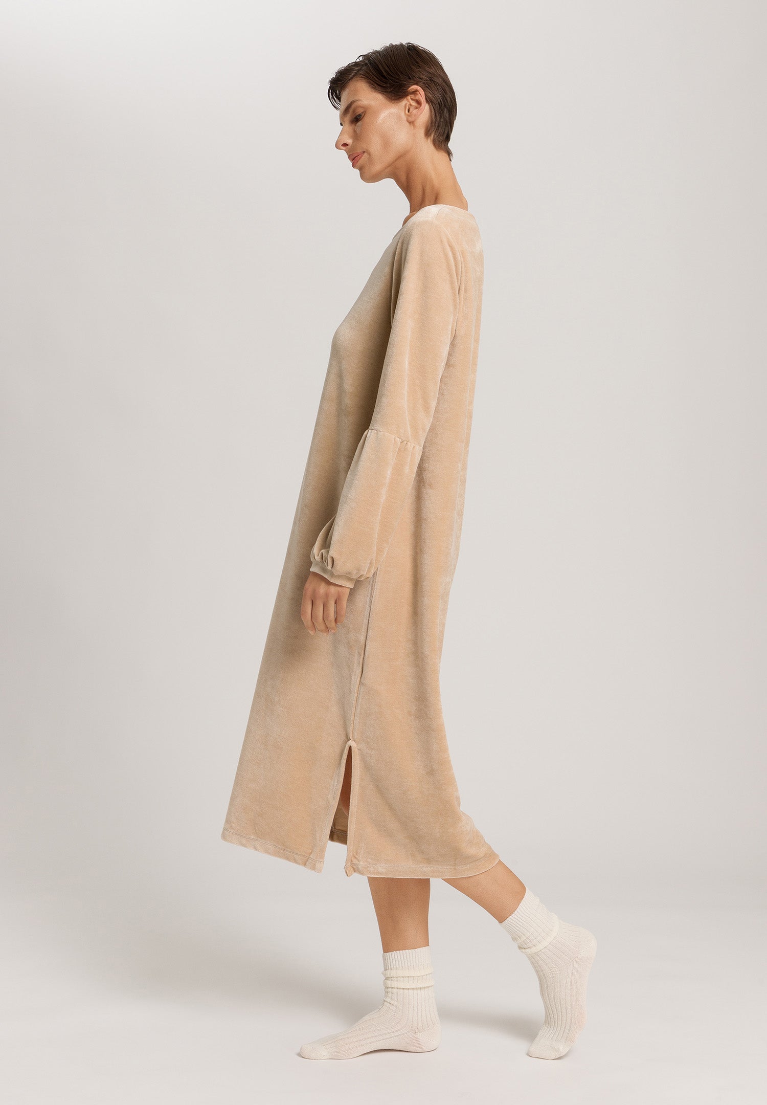 Favourites Round Neck Velvet Dress With Balloon Sleeves | Coffee Quartz 78110-2216