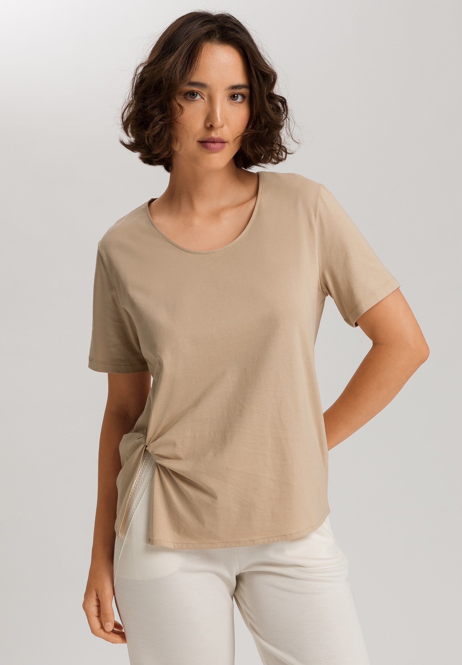 Natural Shirt Cotton Scoop Neck Top With Knot Detail | Iced Cappuccino 78402-2846