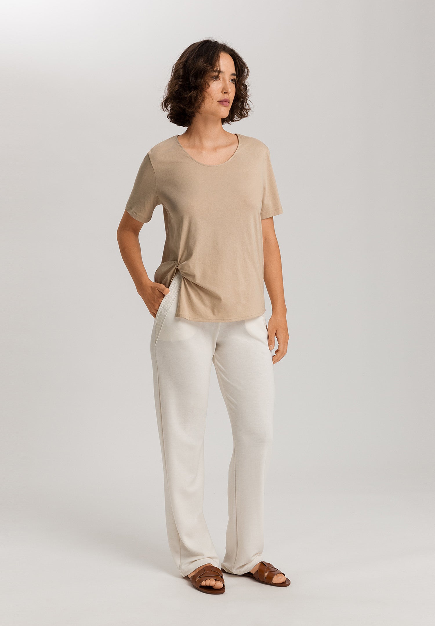 Natural Shirt Cotton Scoop Neck Top With Knot Detail | Iced Cappuccino 78402-2846