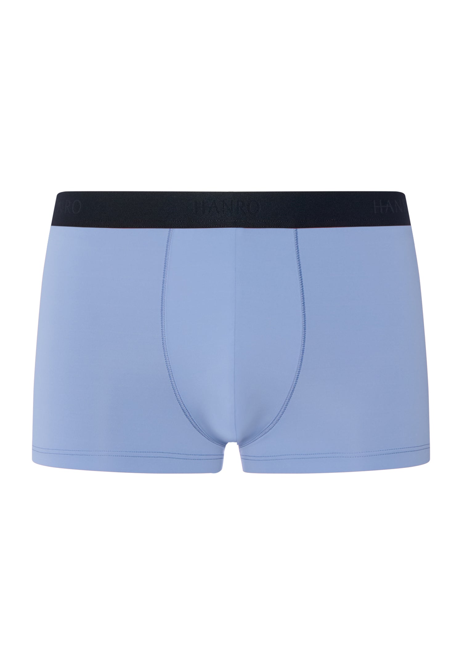 Light blue boxer briefs with a black waistband on a white background