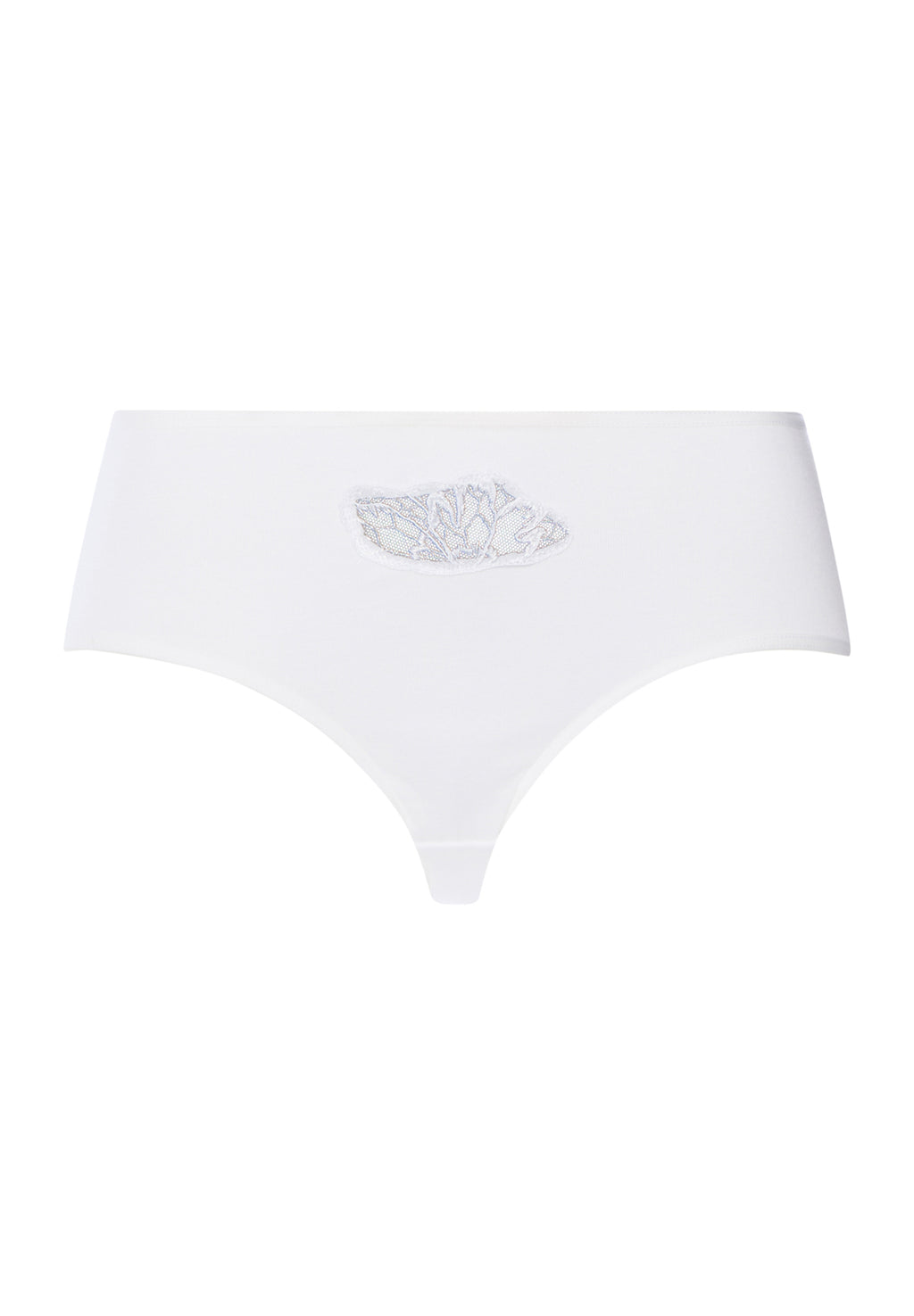 White underwear with a embroidered design on a white background