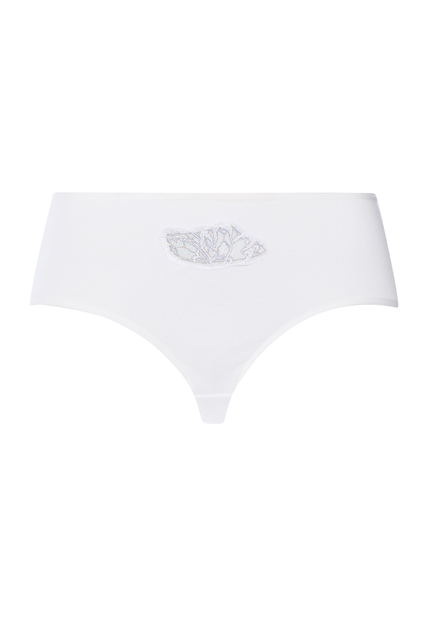 White underwear with a embroidered design on a white background