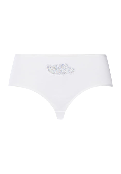 White underwear with a embroidered design on a white background
