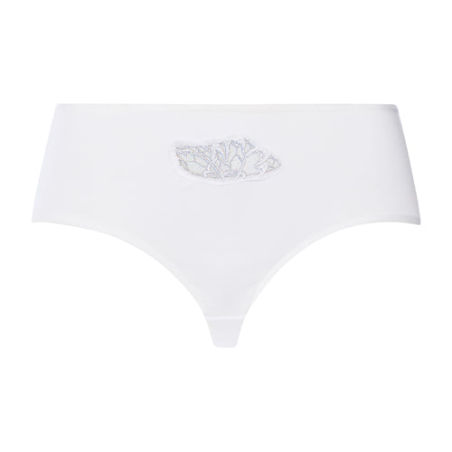 White underwear with a embroidered design on a white background