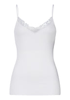 White camisole with lace trim on a white background