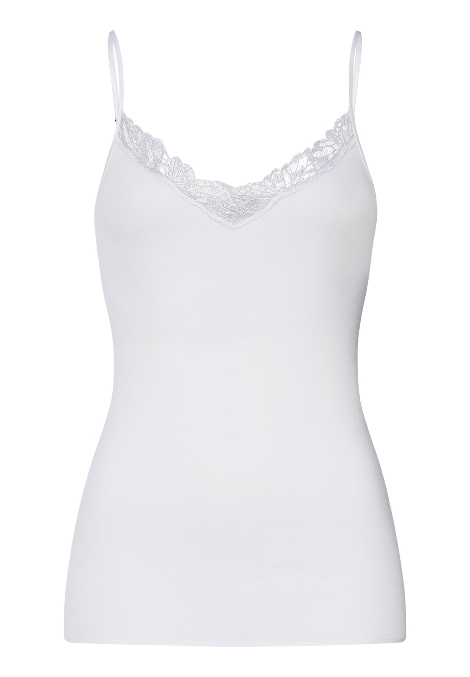 White camisole with lace trim on a white background