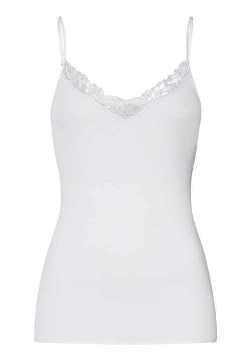 White camisole with lace trim on a white background