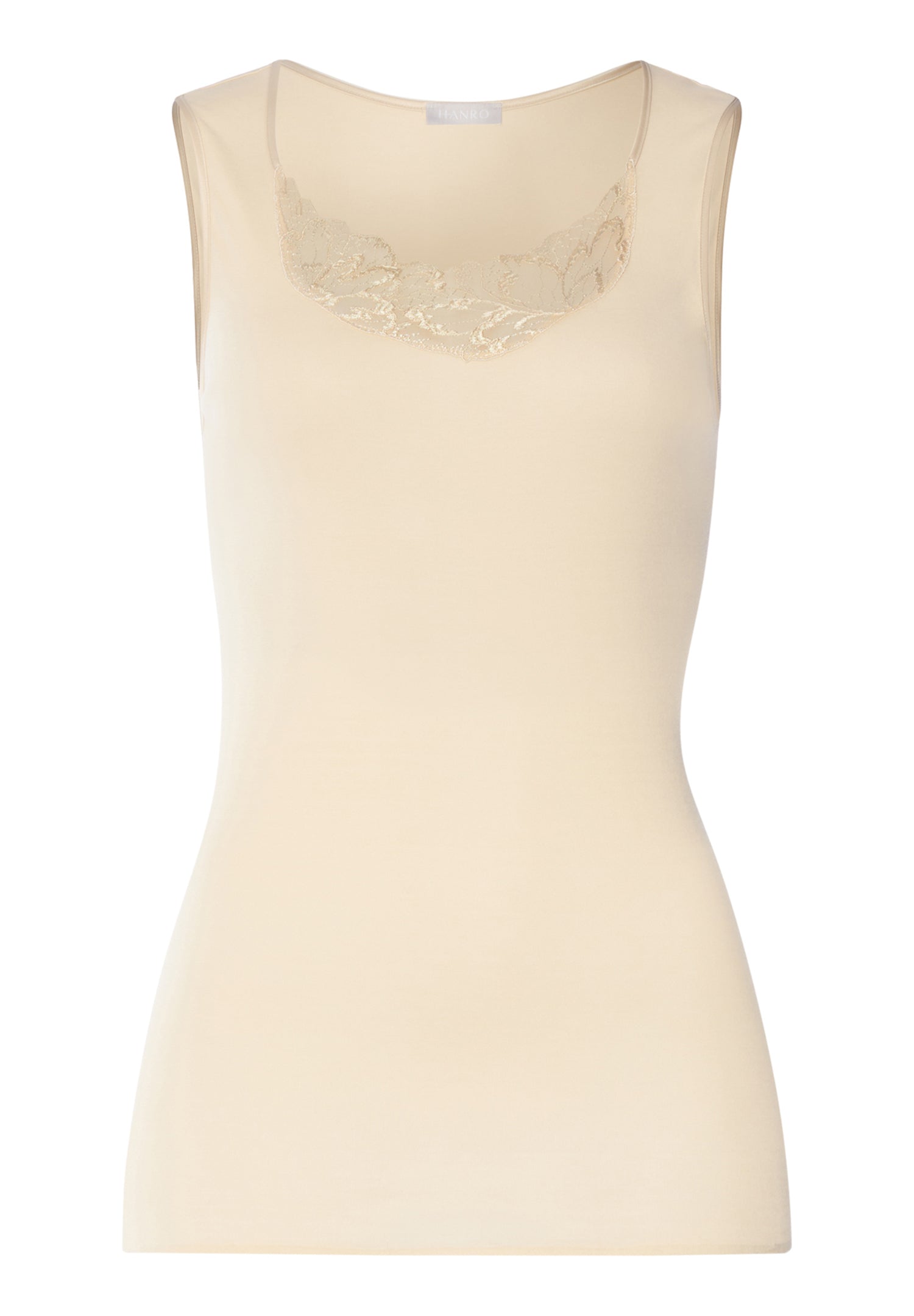 Beige sleeveless top with lace detail on a white background