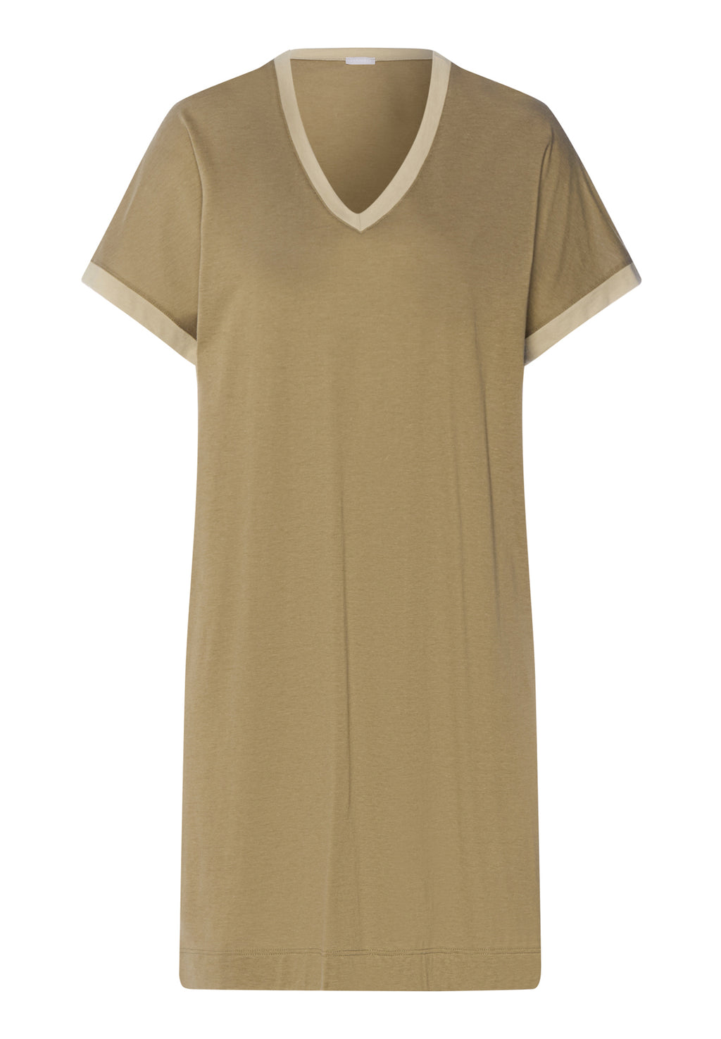 khaki green dress with a V-neckline on a white background