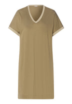 khaki green dress with a V-neckline on a white background