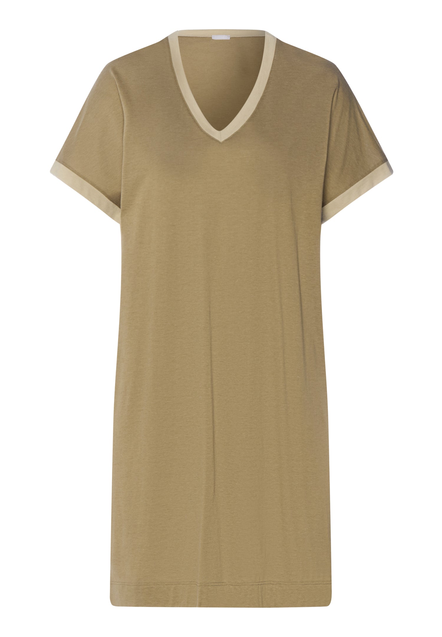 khaki green dress with a V-neckline on a white background