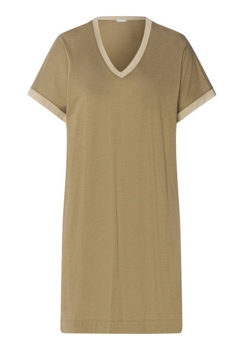 khaki green dress with a V-neckline on a white background