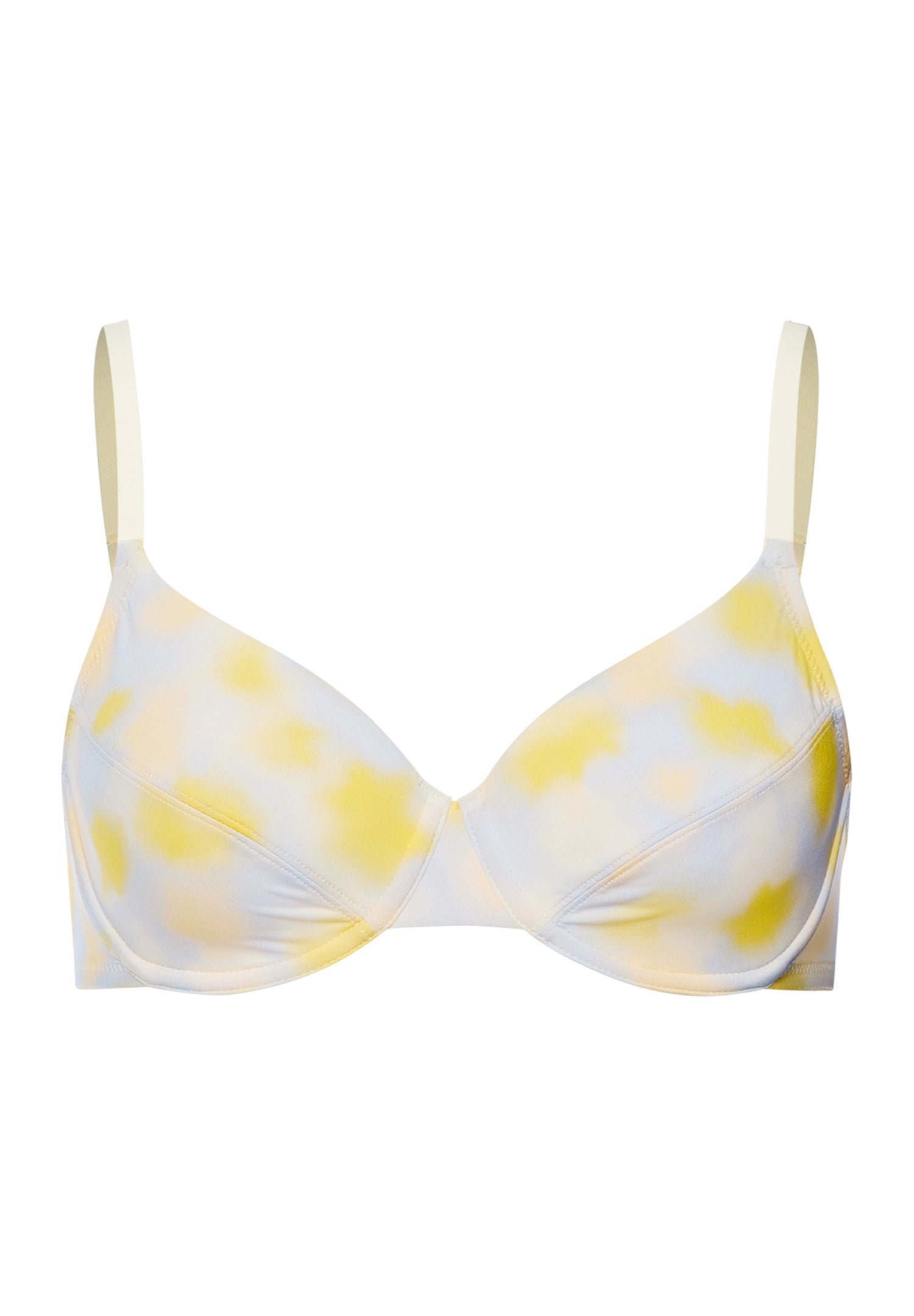 Yellow and white patterned bra on a white background