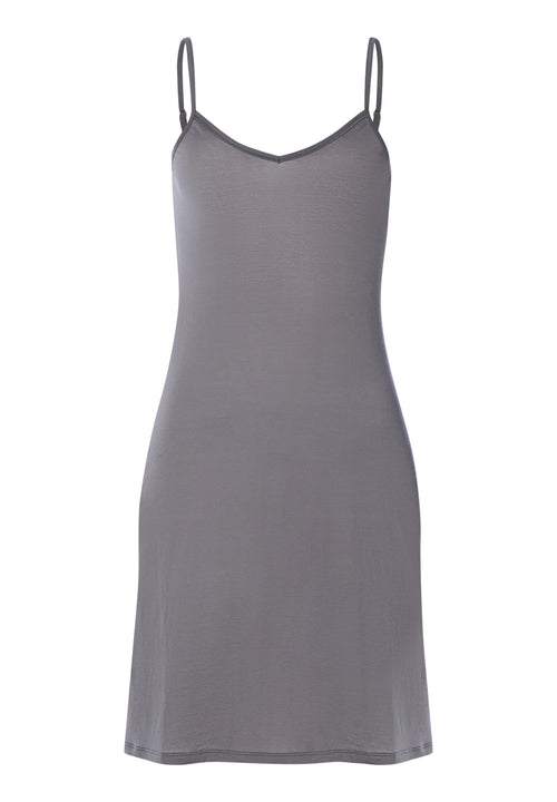 Gray slip dress with thin straps on a white background