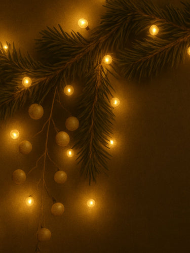 Decorative arrangement of Christmas tree branches with glowing lights on a dark background
