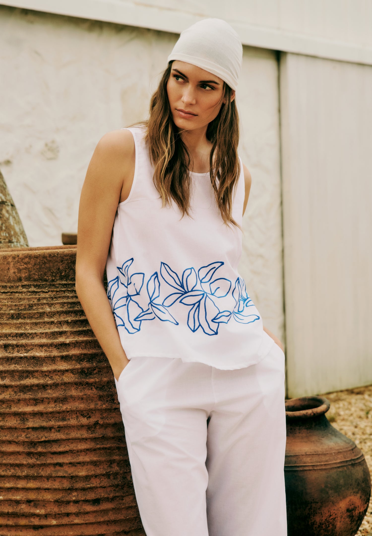 Liz Relaxed Cotton Tank Top With Embroidery | White 74799-101